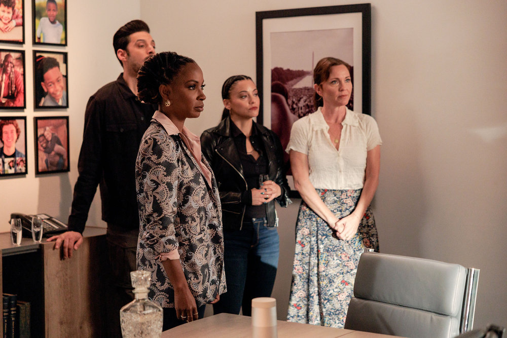 Still from Found Season 1 Episode 11 of Shanola Hampton as Gabi Mosely, Karan Oberoi as Dahn Rana, Gabrielle Elise Walsh as Lacey Quinn, and Kelli Williams as Margaret Reed pictured from left to right.