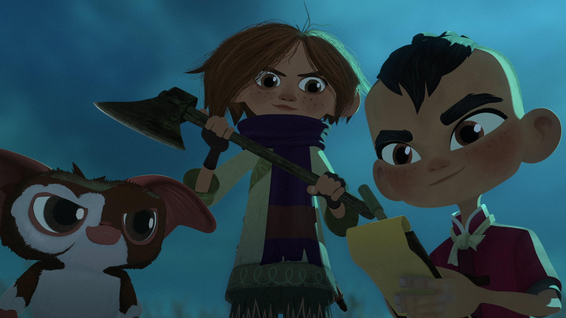 Gremlins: Secrets of the Mogwai Season 1 Episode 9 | Tell-Tale TV Still from Gremlins: Secrets of the Mogwai Season 1 Episode 9 of Gizmo, Elle, and Sam pictured from left to right