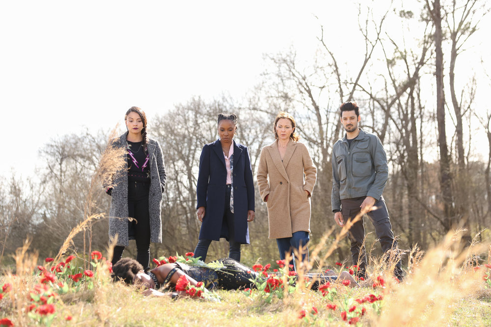 Still from Found Season 1 Episode 12 of Gabrielle Elise Walsh as Lacey Quinn, Shanola Hampton as Gabi Mosely, Kelli Williams as Margaret Reed, and Karan Oberoi as Dahn Rana pictured from left to right.