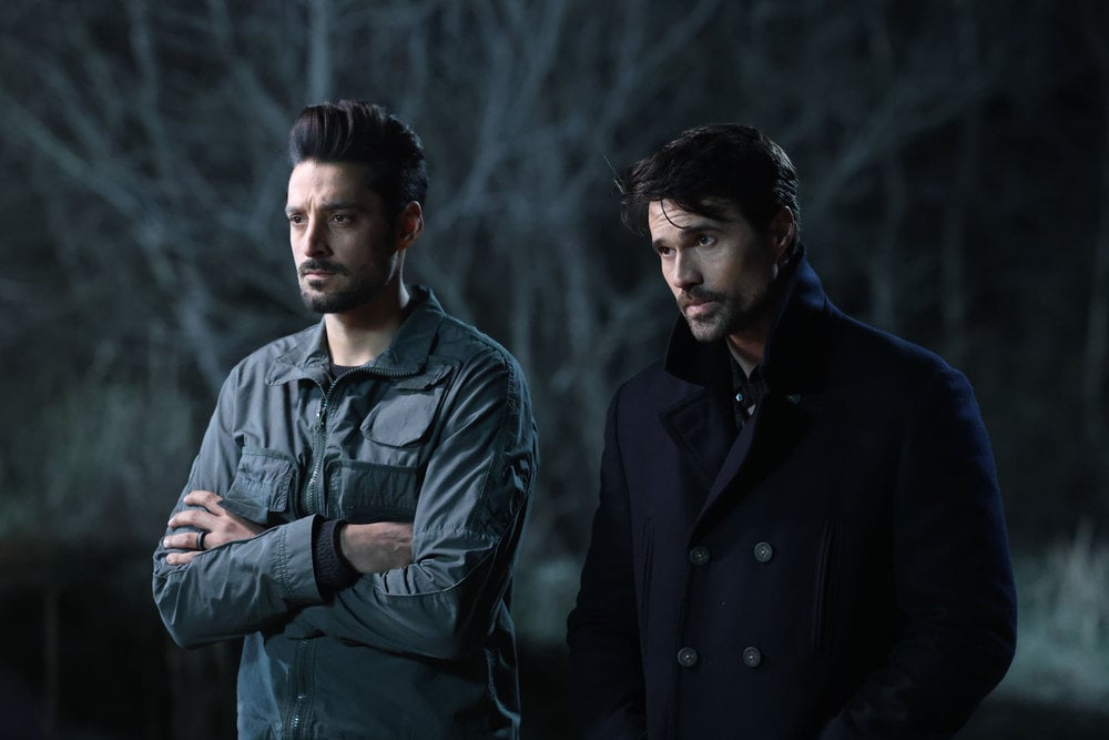 Still from Found Season 1 Episode 12 of Karan Oberoi as Dahn Rana and Brett Dalton as Detective Mark Trent pictured from left to right.