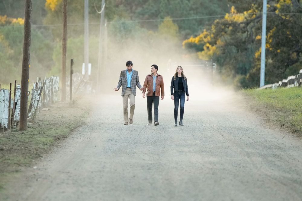 Still from Quantum Leap Season 2 Episode 9 of David Clayton Rogers as Kevin, Raymond Lee as Dr. Ben Song, and Caitlin Bassett as Addison pictured from left to right.