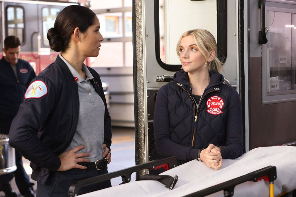 Chicago Fire Season 12 Episode 1. Barely Gone. Miranda Rae Mayo as Stella Kidd, Kara Killmer as Sylvie Brett | Tell-Tale TV Chicago Fire Season 12 Episode 1, "Barely Gone" -- Miranda Rae Mayo as Stella Kidd, Kara Killmer as Sylvie Brett