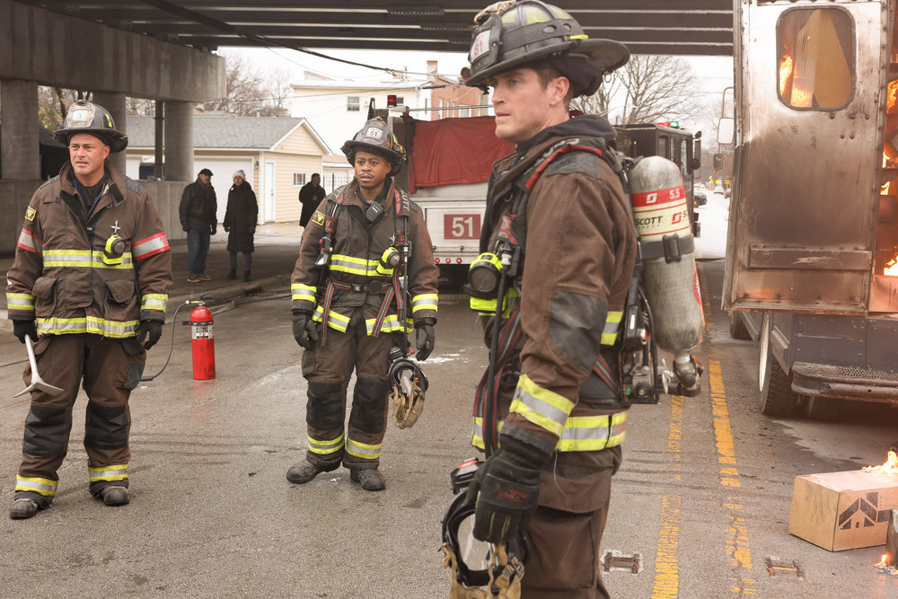 Chicago Fire Season 12 Episode 1. Barely Gone. Taylor Kinney as Kelly Severide, Daniel Kyri as Darren Ritter, Jake Lockett as Sam Carver