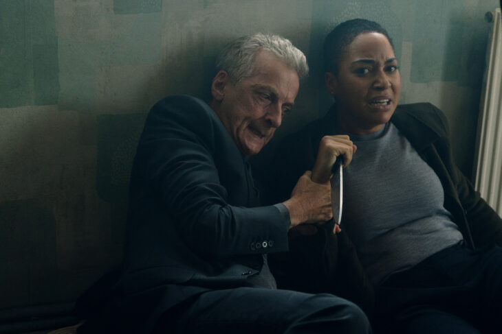 Still from Criminal Record Season 1 Episode 8 of Peter Capaldi and Cush Jumbo pictured from left to right.