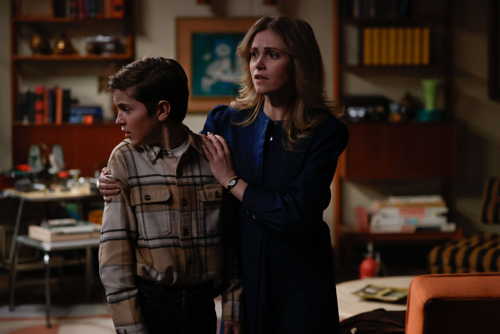 Still from Quantum Leap Season 2 Episode 12 of Wyatt Parker as Jeffrey and Eliza Taylor as Hannah Carson.