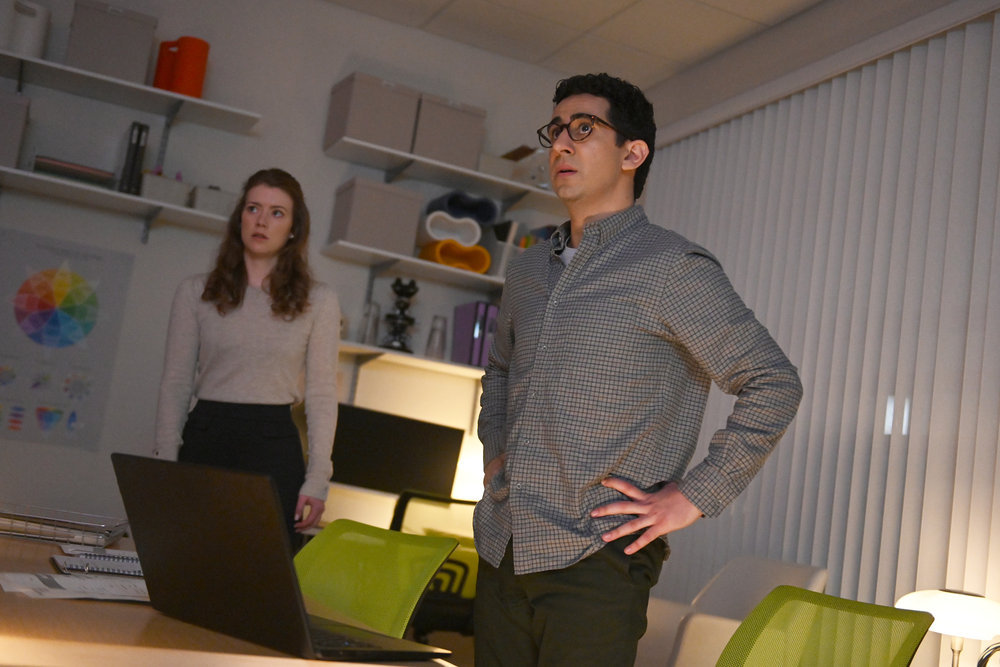 Still from The Irrational Season 1 Episode 10 of Molly Kunz as Phoebe and Arash DeMaxi as Rizwan pictured from left to right.