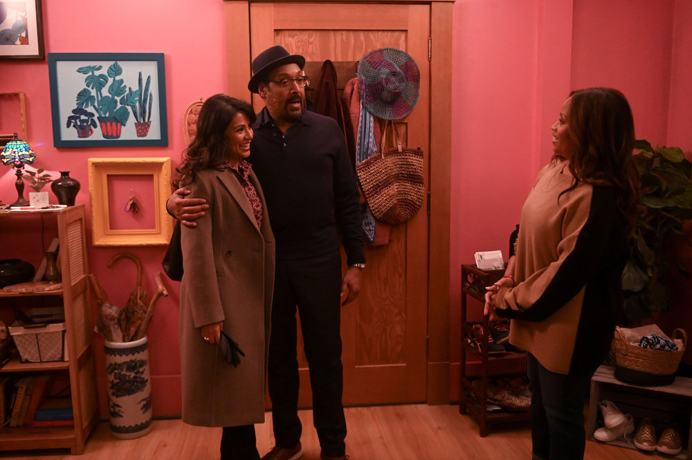 Still from The Irrational Season 1 Episode 11 of Karen David as Rose Dinshaw, Jesse L. Martin as Alec Mercer, and Maahra Hill as Marisa pictured from left to right.