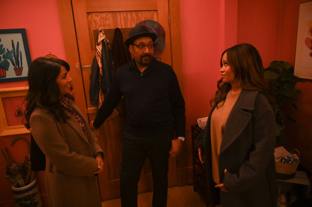 Still from The Irrational Season 1 Episode 11 of Karen David as Rose Dinshaw, Jesse L. Martin as Alec Mercer and Maahra Hill as Marisa pictured from left to right.