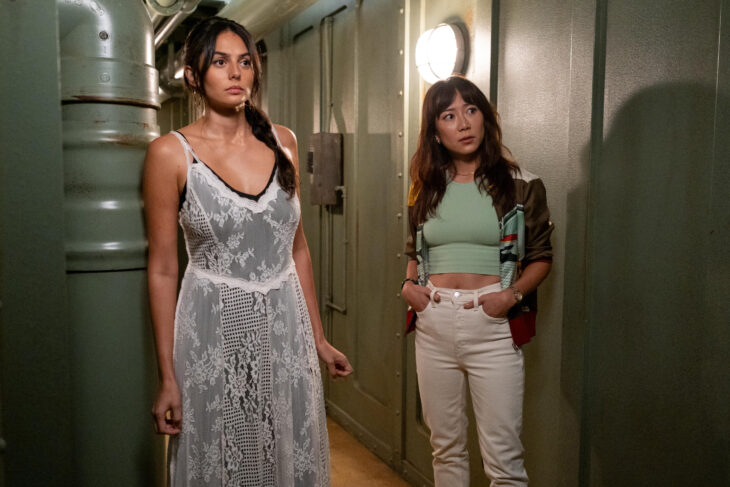 Still from Death and Other Details Season 1 Episode 5 of Pardis Saremi as Leila and Angela Zhou as Teddy Goh pictured from left to right.