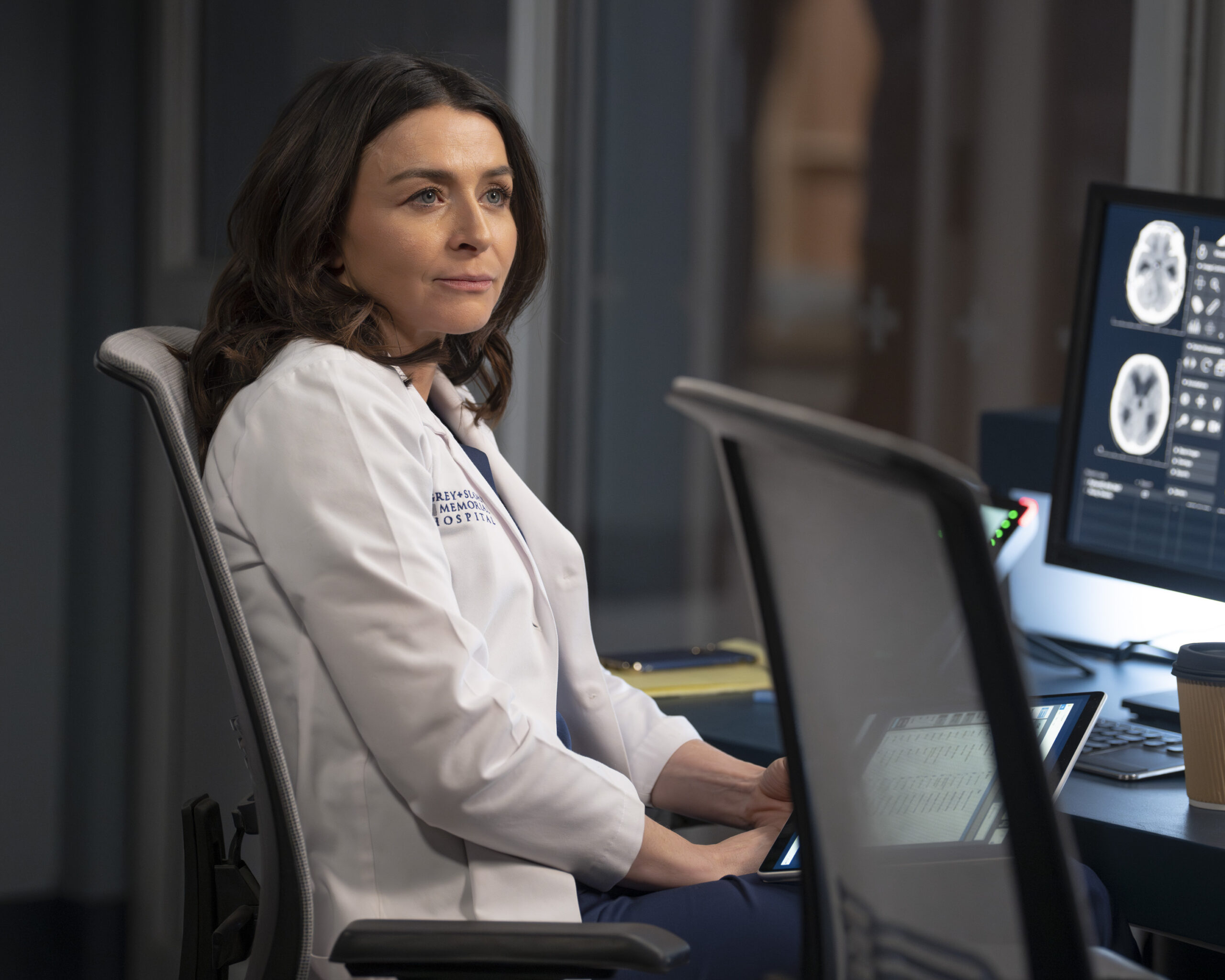 Amelia in the lab on Grey's Anatomy Season 20 Episode 3, "Walk the Ocean" - Caterina Scorsone as Amelia Shepherd