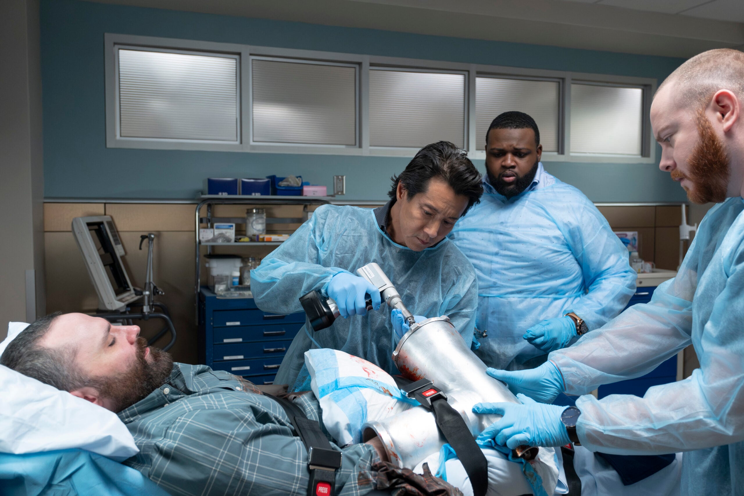 L-R Will Yun Lee as Dr. Alex Park, Wavyy Jonez as Dr. Dominick Hubank, and Giacomo Baessato as Jerome Martel in The Good Doctor Season 7 Episode 3, "Critical Support."