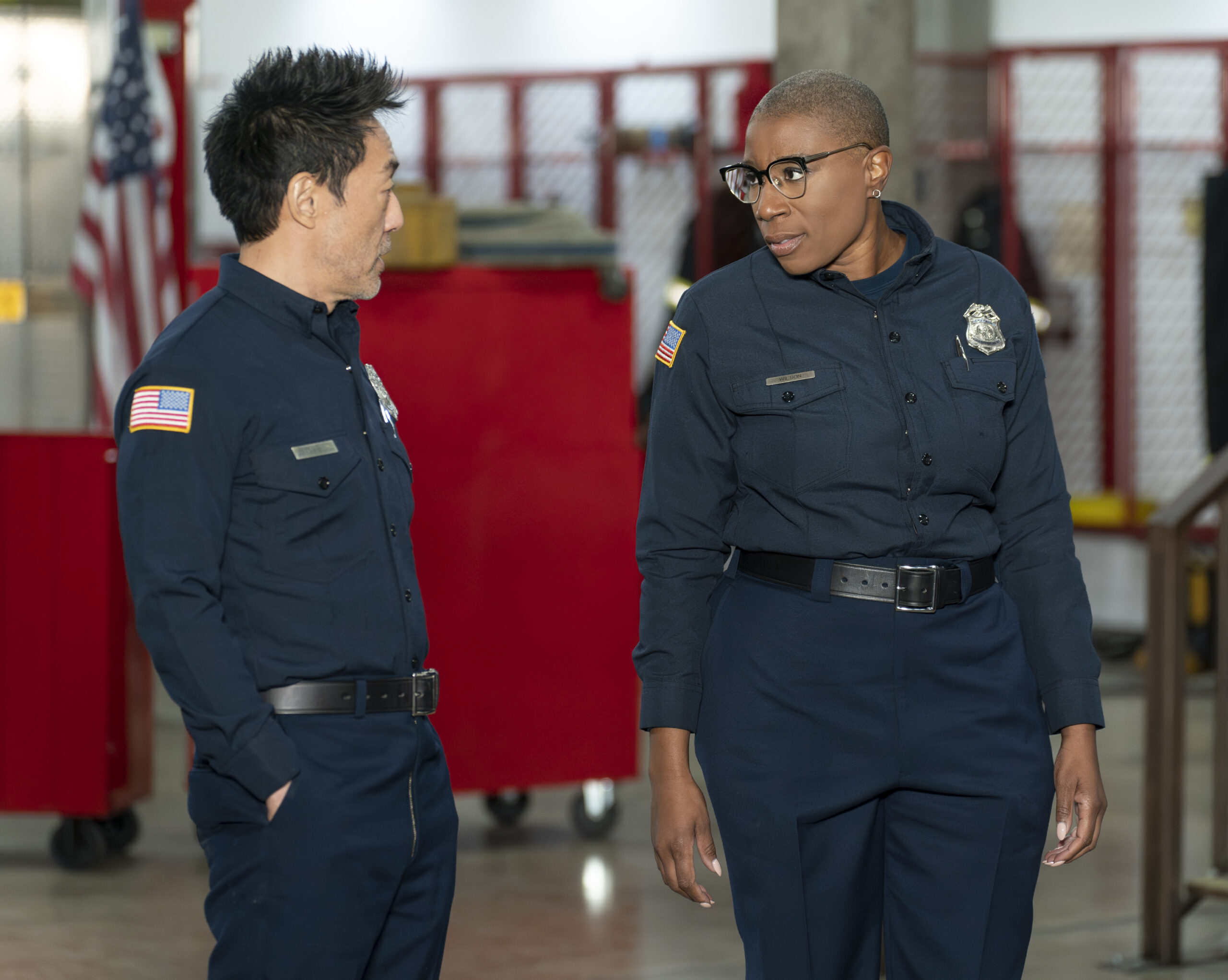 9-1-1 Season 7 Episode 2, "Rock the Boat" -- KENNETH CHOI, AISHA HINDS