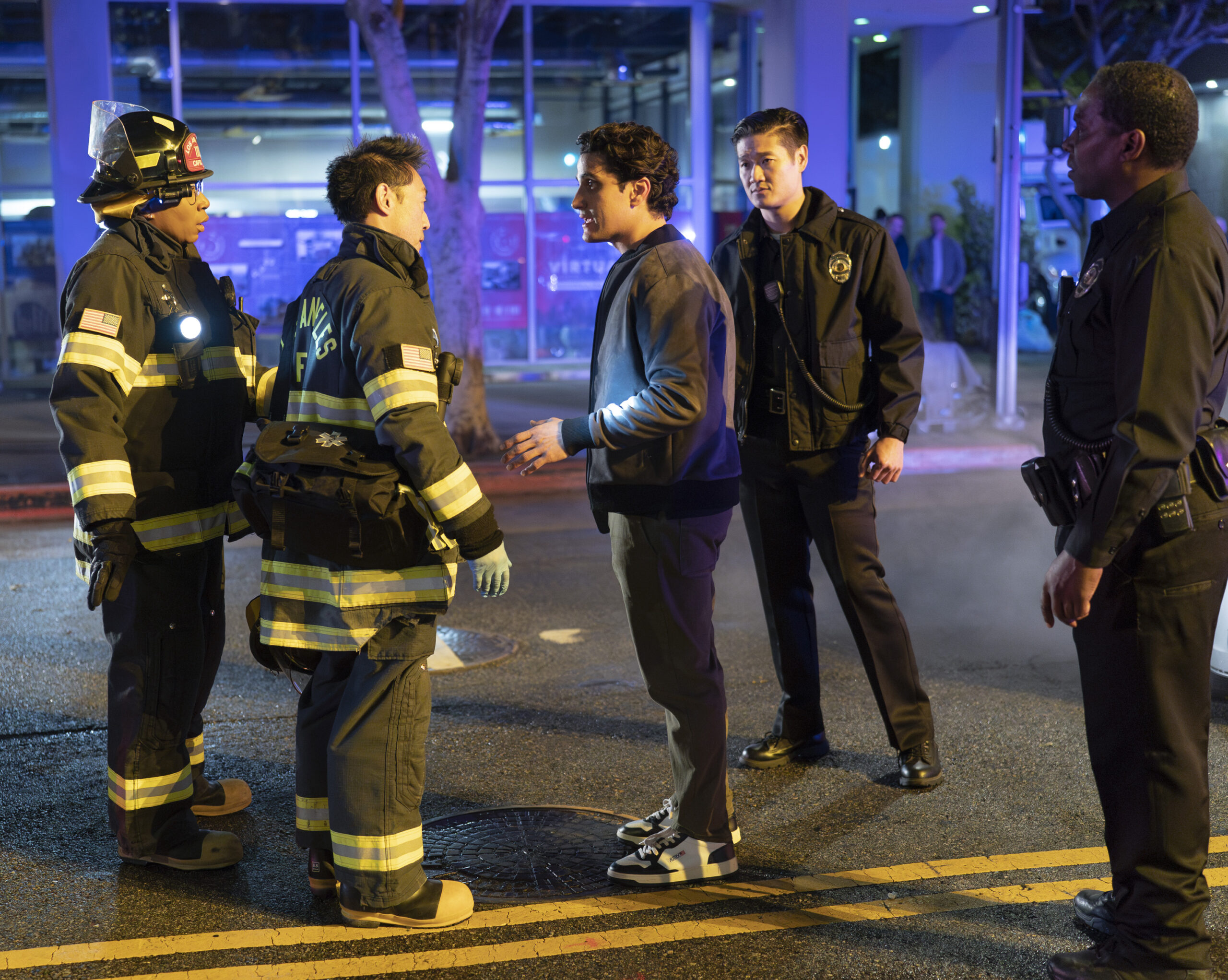 9-1-1 Season 7 Episode 2, "Rock the Boat" -- AISHA HINDS, KENNETH CHOI, RICARDO CARLOS MARTINEZ, CHRIS WU, HORACE KNIGHT