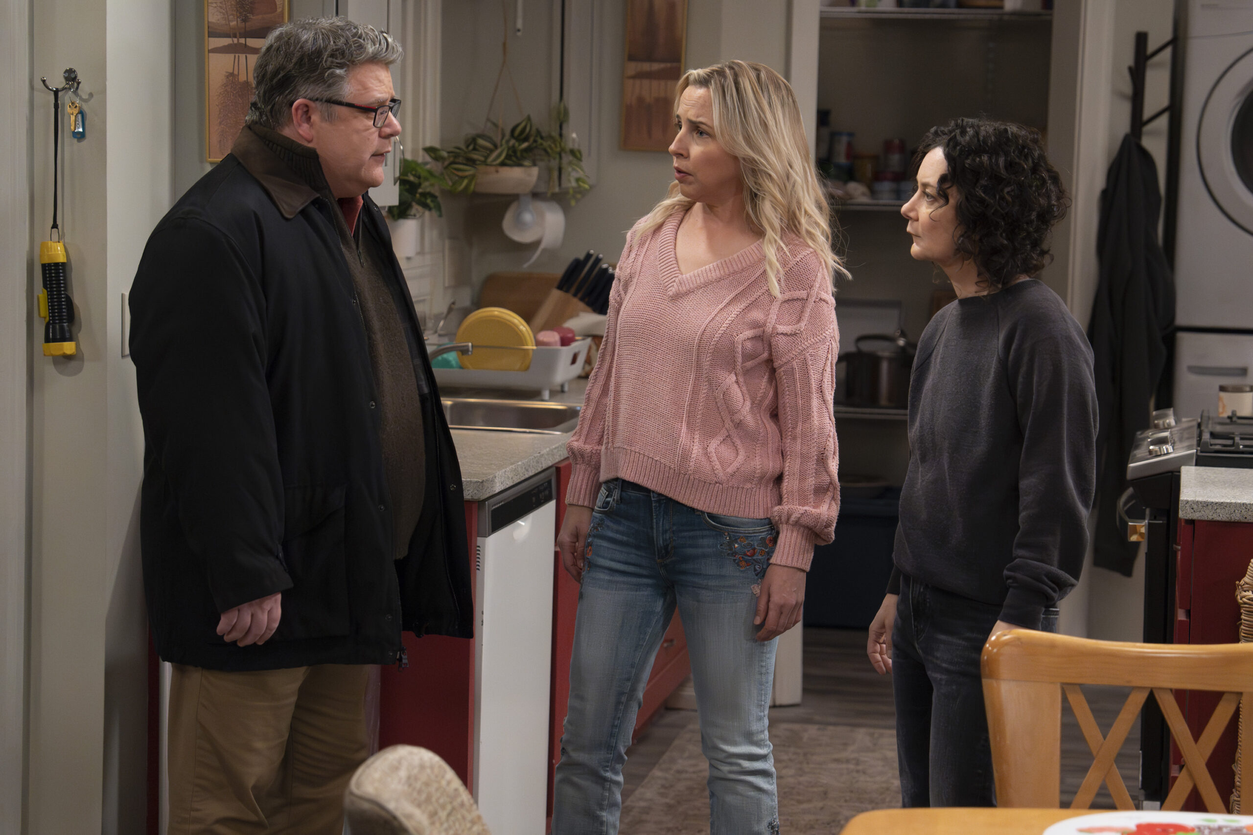 The Conners Season 6 Episode 6 - SEAN ASTIN, LECY GORANSON, SARA GILBERT stand in the kitchen of Darlene and Ben's home, discussing something intense.