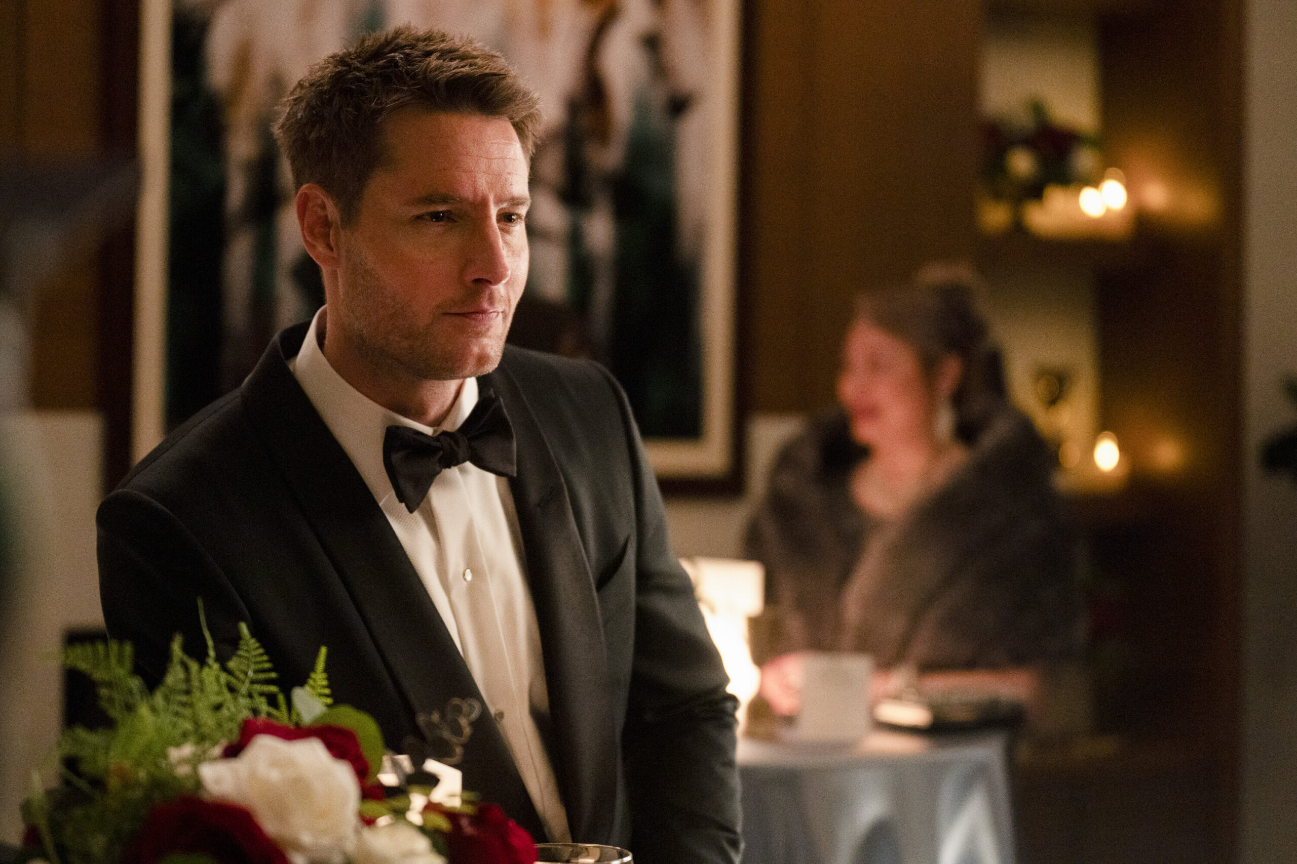 Justin Hartley as Colter Shaw, dressed up for the party on Tracker Season 1 Episode 6