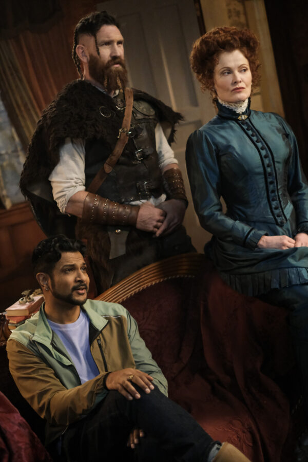 “Hello, Brother” – GHOSTS Pictured (L-R): Utkarsh Ambudkar as Jay, Devan Chandler Long as Thorfinn, and Rebecca Wisocky as Hetty.