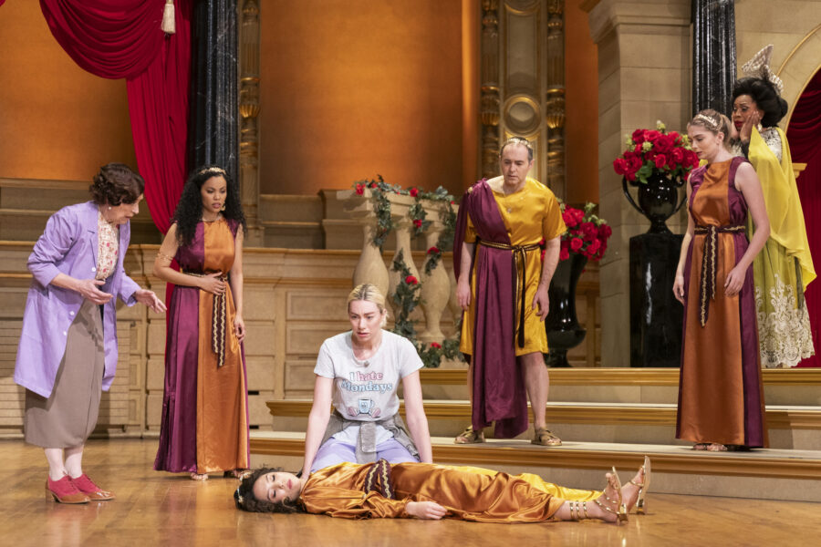 “End on a High Note” – SO HELP ME TODD. Pictured: Karin Konoval as Magda Jennings, Madeline Wise as Allison Grant, Yu Matsushita as Aubrey