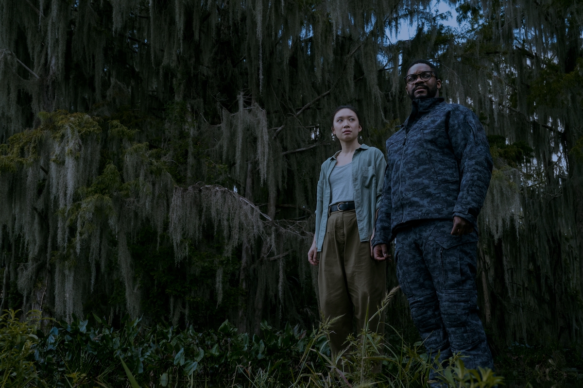 3 Body Problem Season 1 Episode 8 Jess Hong as Jin Cheng, Jovan Adepo as Saul Durand standing outside