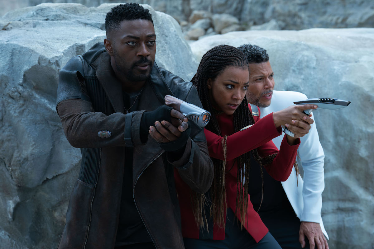 Star Trek: Discovery Season 5 Episode 3 David Ajala as Book, Sonequa Martin-Green as Burnham and Wilson Cruz as Culbe