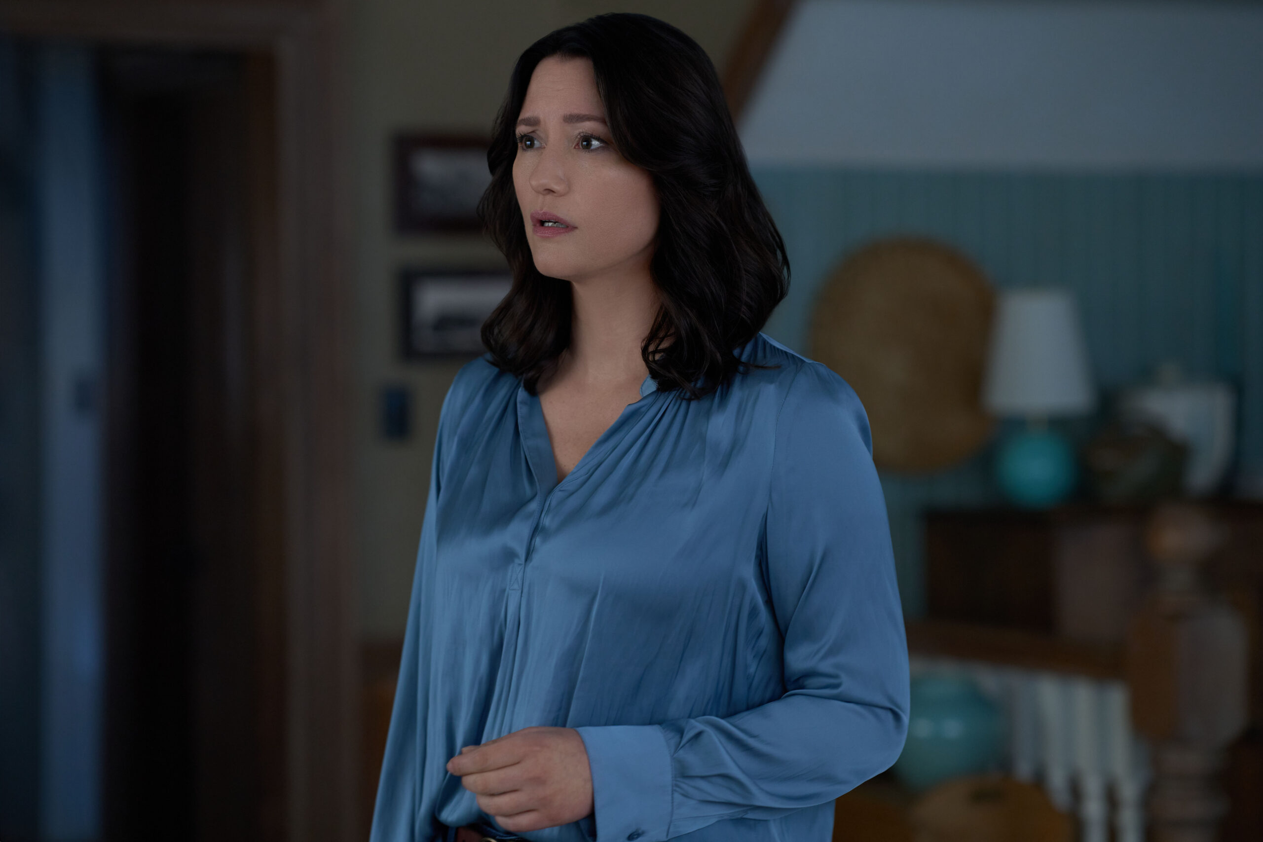 Chyler Leigh as Kat Landry, wearing a blue shirt, on The Way Home Season 2 Episode 10