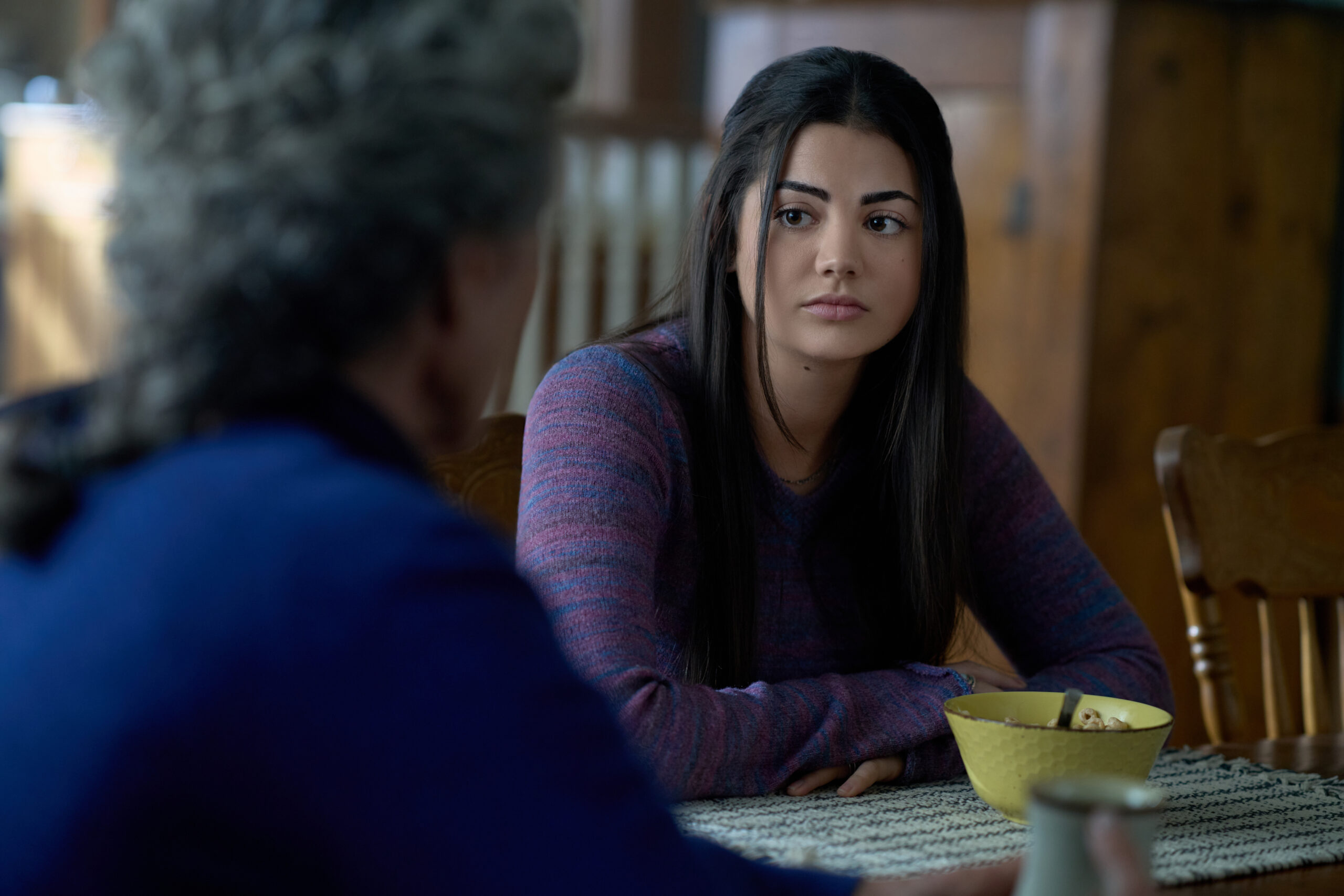 Sadie Laflamme-Snow as Alice, having breakfast with Del at the kitchen table, on The Way Home Season 2 Episode 10