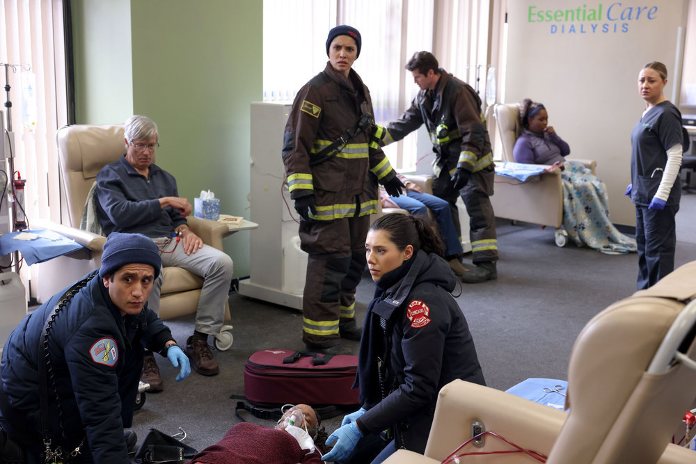 Violet and her new partner, Lennox, Violet on a call at a dialysis center with her new parter, Lennox, on Chicago Fire Season 12 Episode 8, "All the Dark" | Tell-Tale TV Violet on a call at a dialysis center with her new parter, Lennox, as Stella looks shocked in the background on Chicago Fire Season 12 Episode 8, "All the Dark"