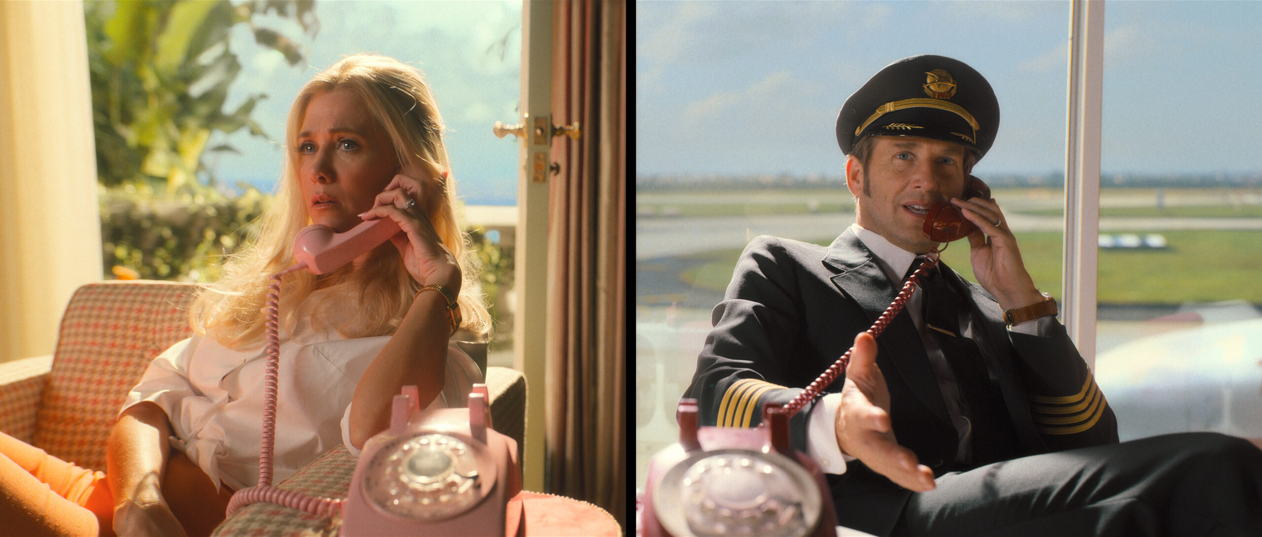 Maxine sits in a mansion while talking on the phone with her husband, Douglas, who sits in an airport lounge in his pilot's uniform, on Palm Royale Season 1 Episode 3, "Maxine's Like a Dellacorte."