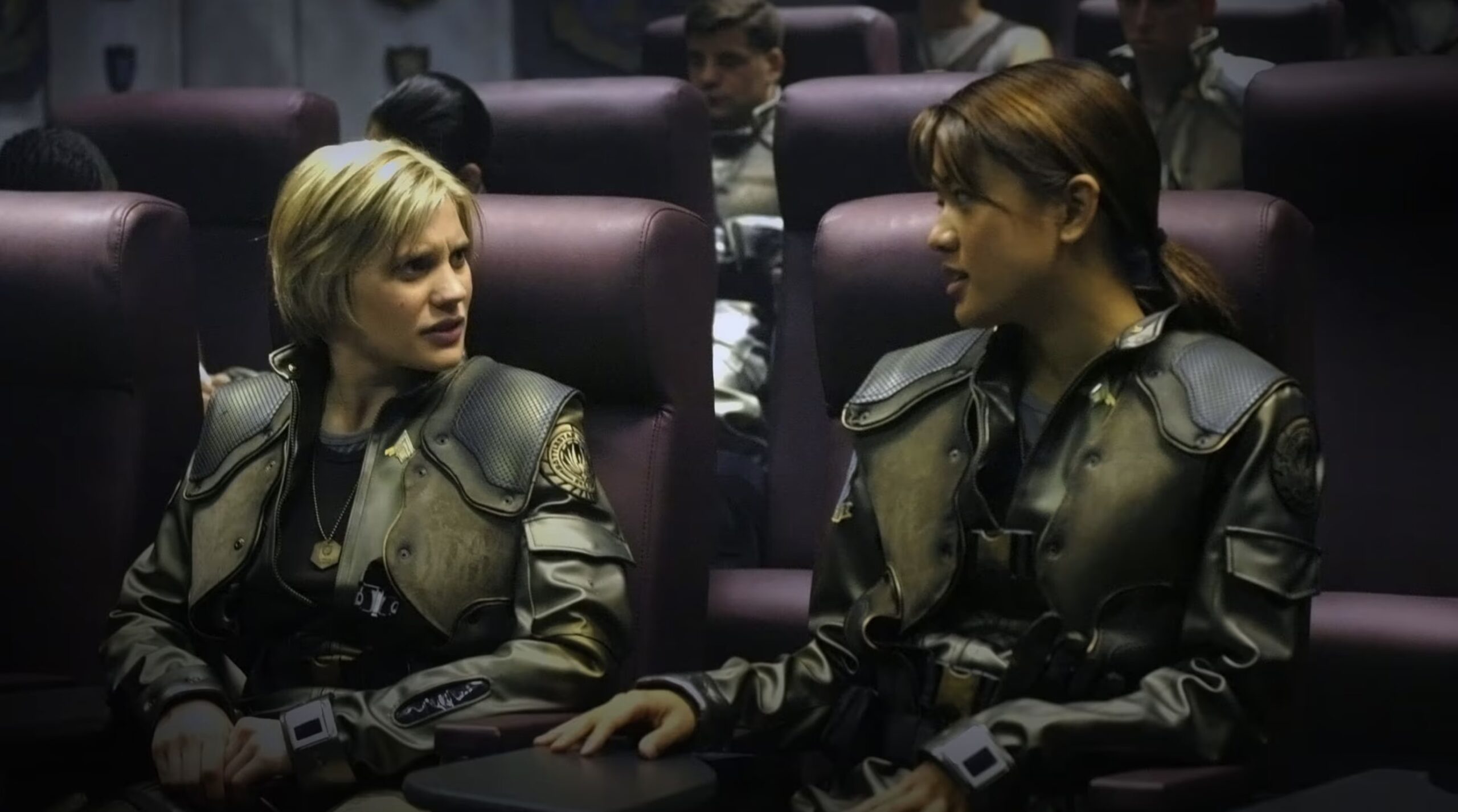 Battlestar Galactica Season 1 Episode 4 Act of Contrition Katee Sackhoff as Starbuck Grace Park as Boomer (Photo courtesy of Syfy)