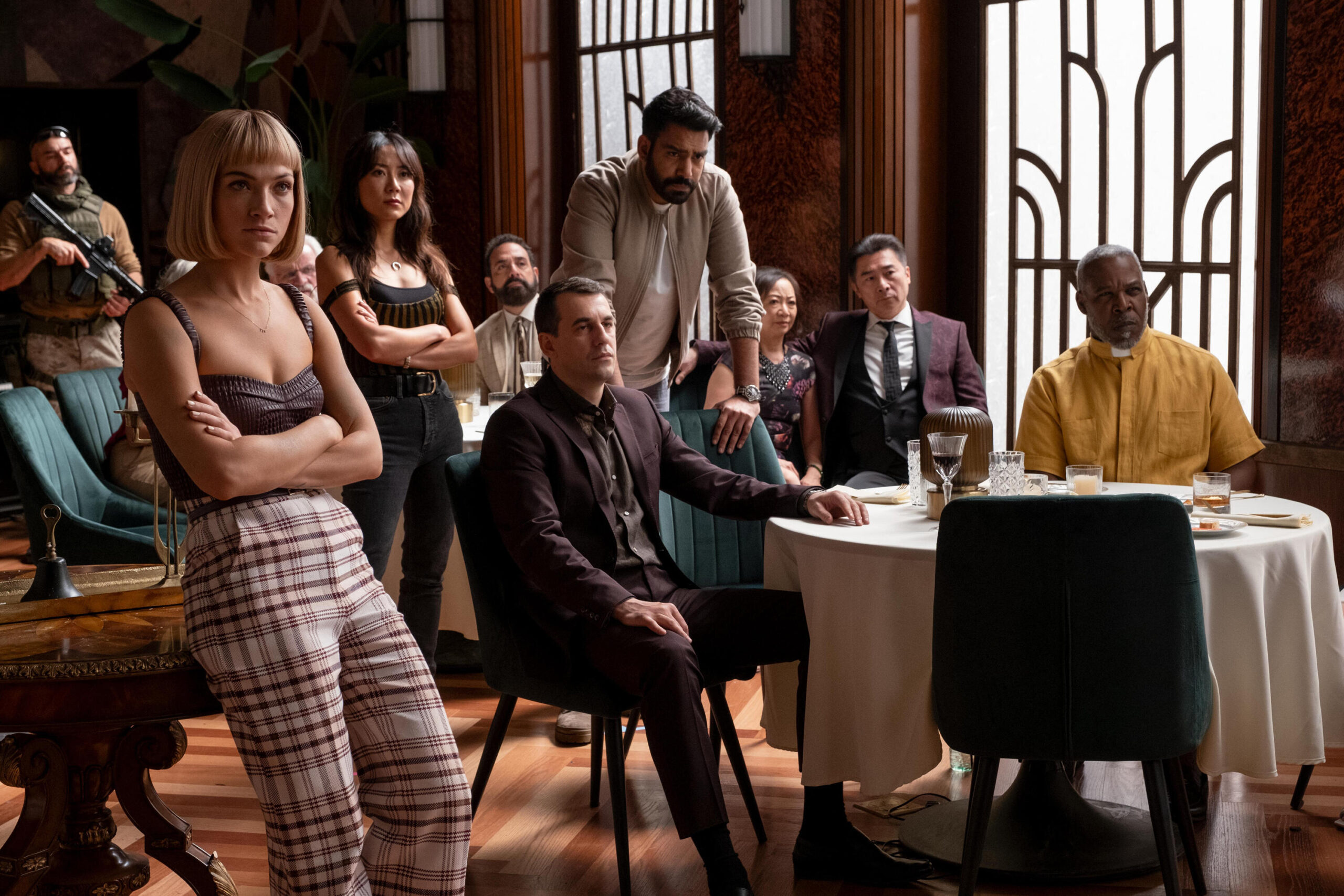 Still from Death and Other Details Season 1 Episode 9 of Violett Beane as Imogene Scott, Angela Zhou as Teddy Goh, Rahul Kohli as Sunil Ranja, and Danny Johnson as Father Toby pictured from left to right.