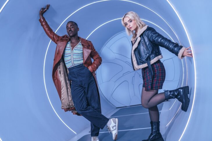 Doctor Who promotional image of Ncuti Gatwa as The Doctor and Millie Gibson as Ruby Sunday inside the Tardis.