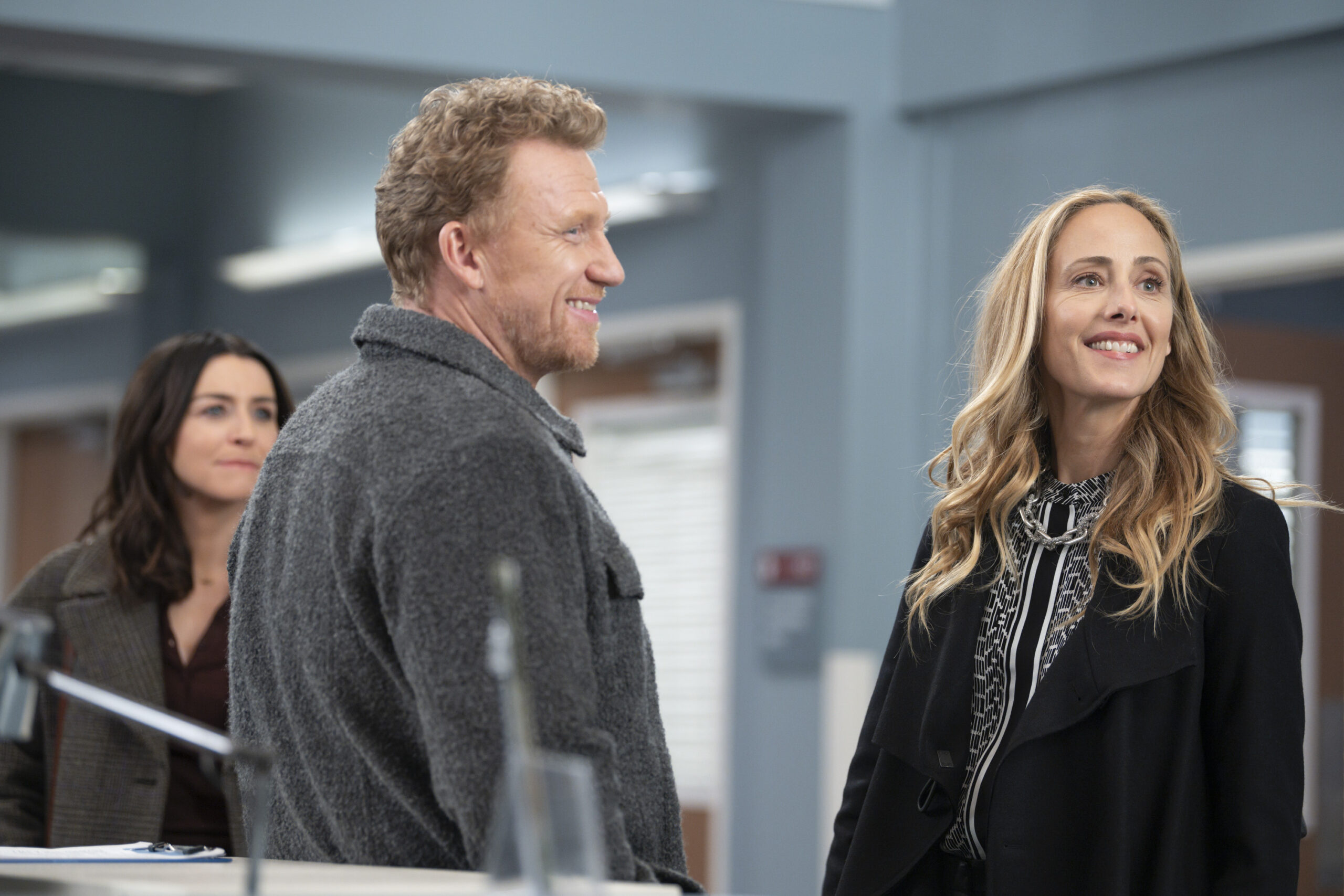 Teddy, Owen, and Amelia - Grey's Anatomy Season 20 Episode 5 - Actors: CATERINA SCORSONE, KEVIN MCKIDD, KIM RAVER