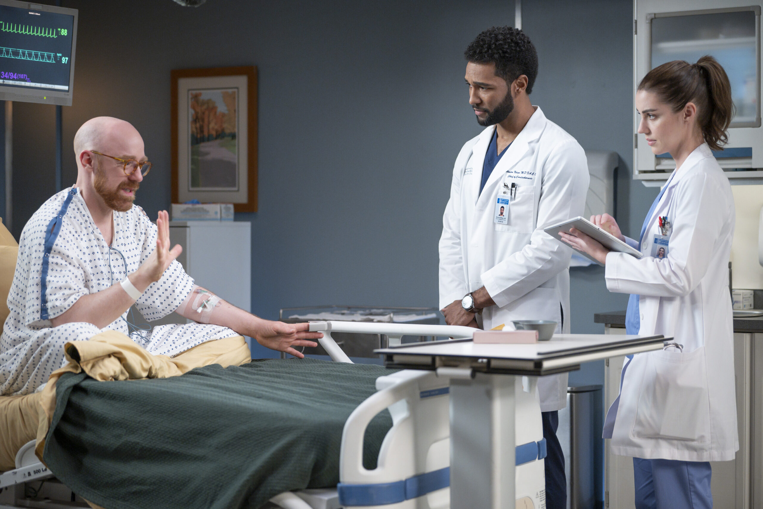 Jules and Winston with a patient on Grey's Anatomy Season 20 Episode 5. Actors: TOM DETRINIS, ANTHONY HILL, ADELAIDE KANE