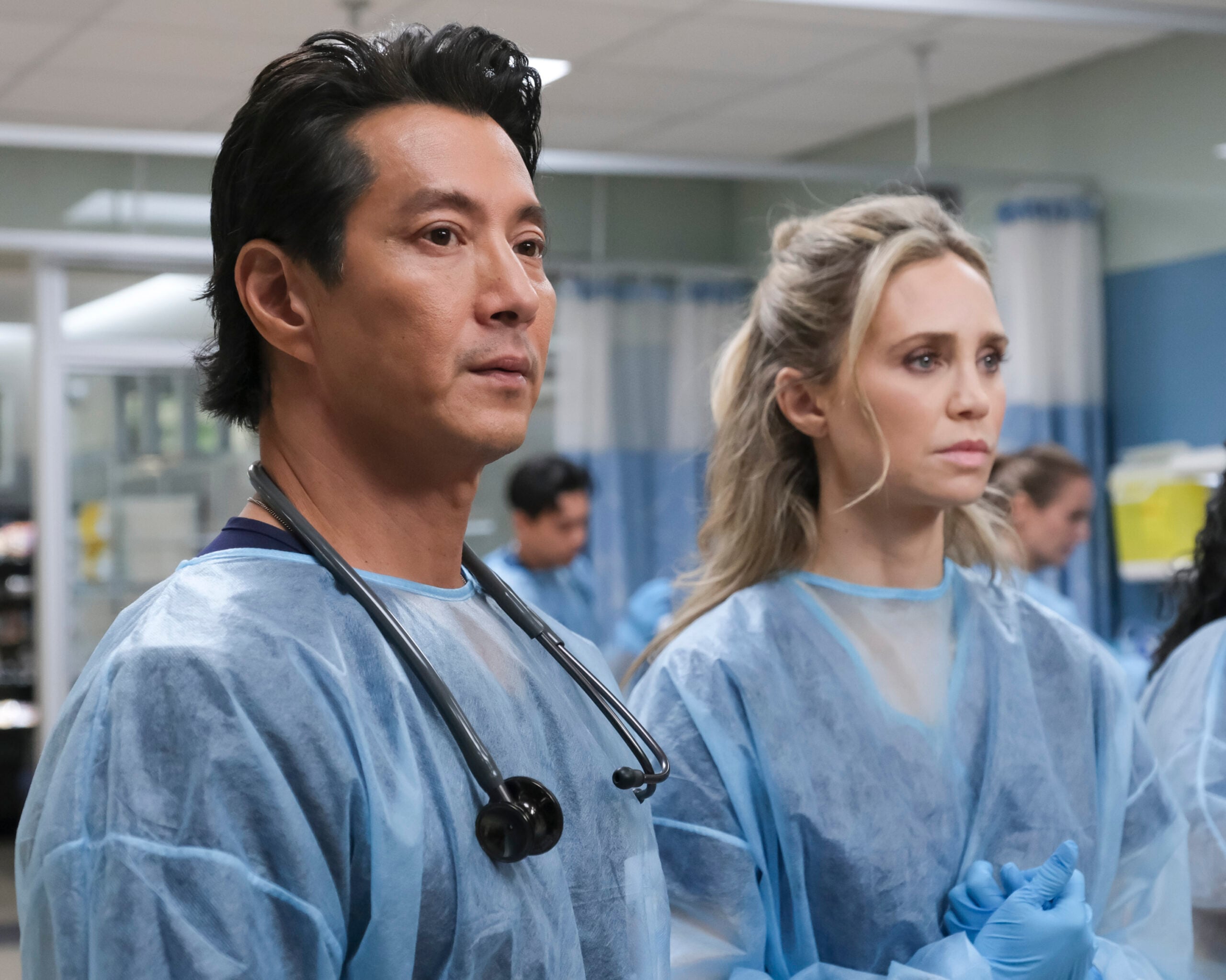 L-R Will Yun Lee as Dr. Alex Park and Fiona Gubelmann as Dr. Megan Reznick in The Good Doctor Season 7 Episode 6, "M.C.E."