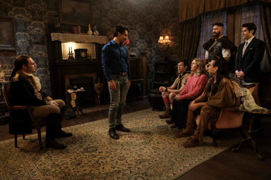 “The Polterguest” – GHOSTS. Pictured (L-R): Brandon Scott Jones as Isaac, Richie Moriarty as Pete, Rose McIver as Samantha, Devan Chandler Long as Thorfinn, Asher Grodman as Trevor, and Roman Zaragoza as Sasappis