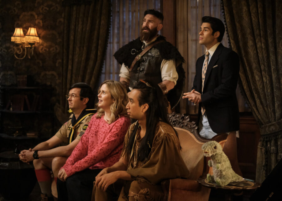“The Polterguest” – GHOSTS. Pictured (L-R): Richie Moriarty as Pete, Rose McIver as Samantha, Devan Chandler Long as Thorfinn, Asher Grodman as Trevor, and Roman Zaragoza as Sasappis