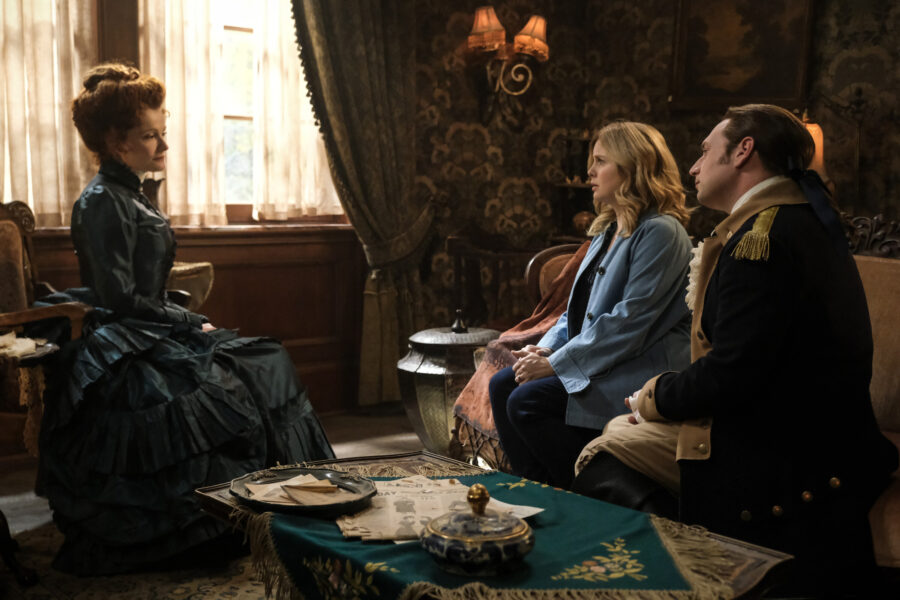 “Holes Are Bad” – GHOSTS. Pictured (L-R): Rebecca Wisocky as Hetty, Rose McIver as Samantha, and Brandon Scott Jones as Isaac