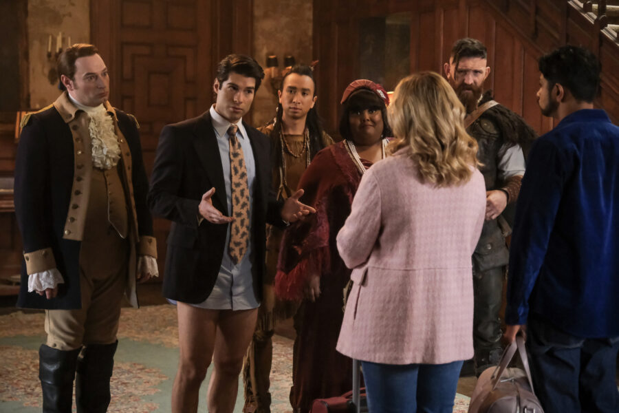 “Holes Are Bad” – GHOSTS. Pictured (L-R): Brandon Scott Jones as Isaac, Asher Grodman as Trevor, Roman Zaragoza as Sasappis, Danielle Pinnock as Alberta, and Devan Chandler Long as Thorfinn
