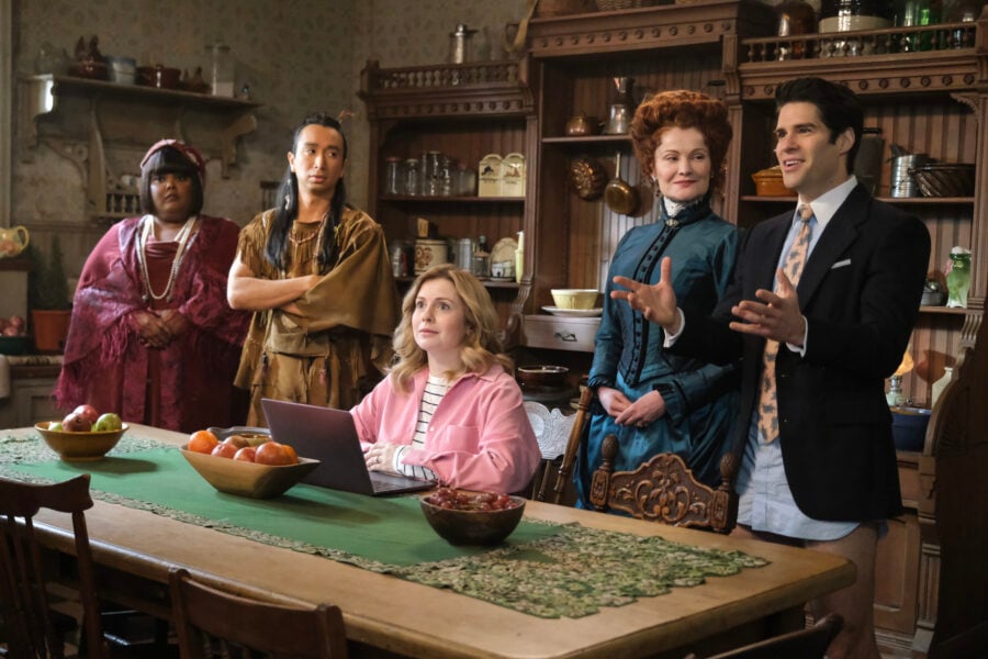“The Traveling Agent” – GHOSTS. Pictured (L-R): Danielle Pinnock as Alberta, Roman Zaragoza as Sasappis, Rose McIver as Samantha, Rebecca Wisocky as Hetty, and Asher Grodman as Trevor