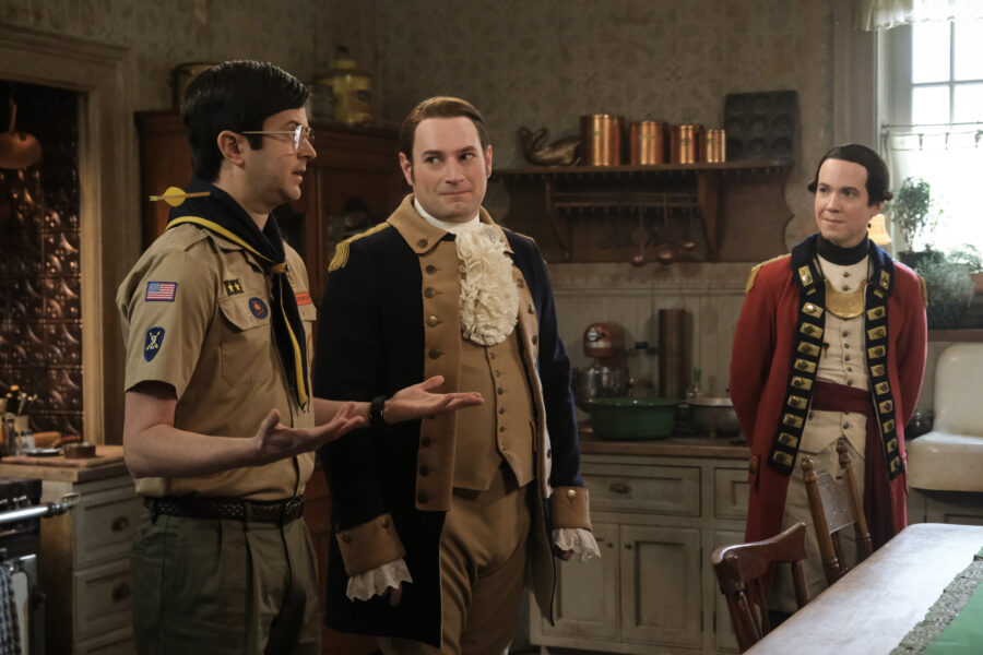 “The Traveling Agent” – GHOSTS. Pictured (L-R): Richie Moriarty as Pete, Brandon Scott Jones as Isaac, and John Hartman as Nigel Chessum