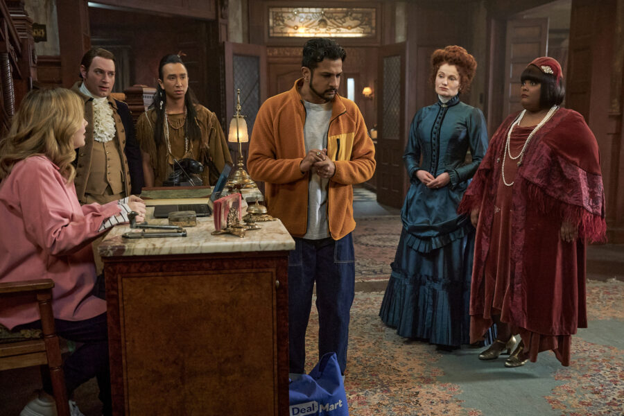 “The Traveling Agent” – GHOSTS. Pictured (L-R): Brandon Scott Jones as Isaac, Roman Zaragoza as Sasappis, Utkarsh Ambudkar as Jay, Rebecca Wisocky as Hetty, and Danielle Pinnock as Alberta | Tell-Tale TV “The Traveling Agent” – GHOSTS. Pictured (L-R): Brandon Scott Jones as Isaac, Roman Zaragoza as Sasappis, Utkarsh Ambudkar as Jay, Rebecca Wisocky as Hetty, and Danielle Pinnock as Alberta