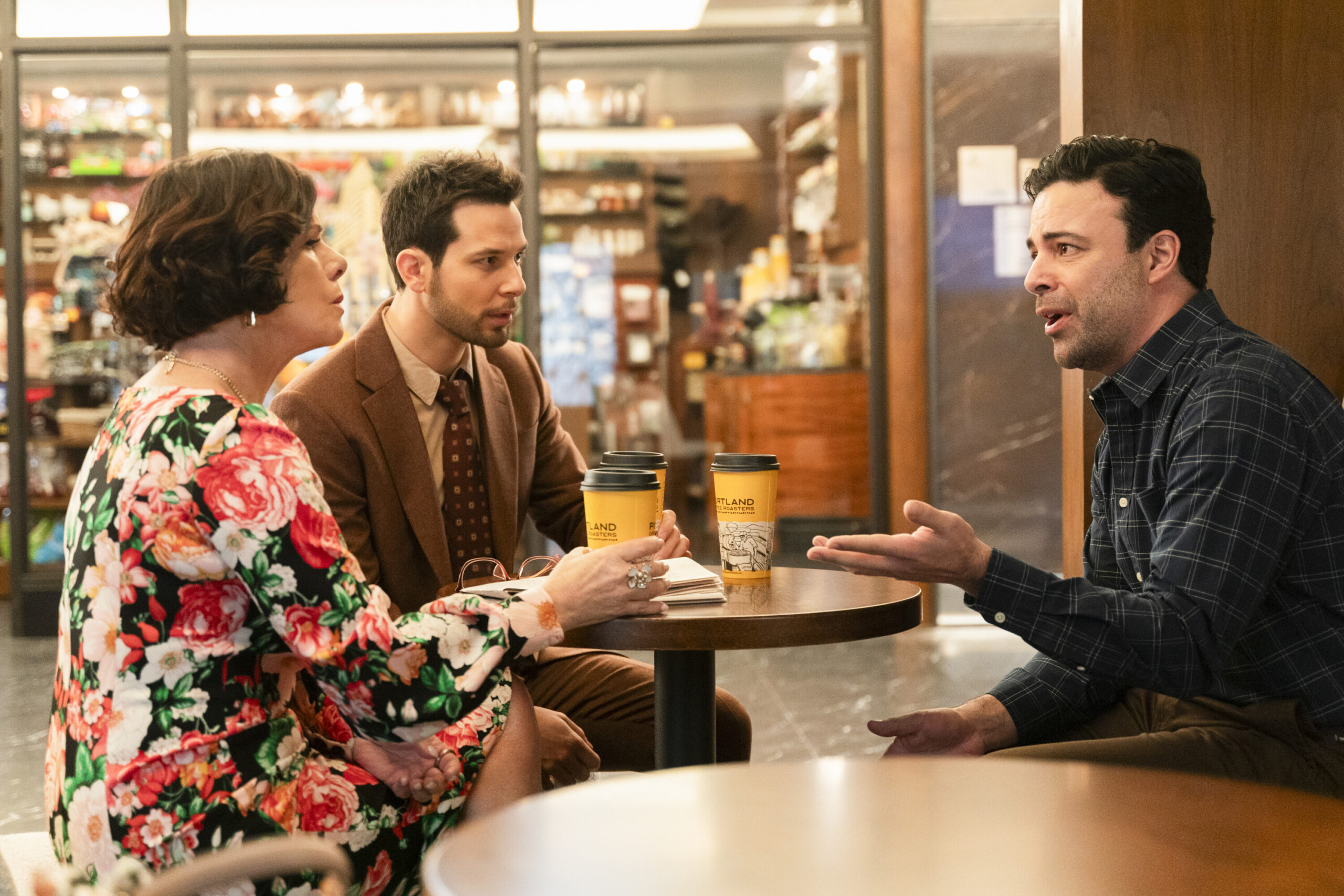 “Faux-Bituary” – SO HELP ME TODD, Pictured: Marcia Gay Harden as Margaret Wright, Skylar Astin as Todd Wright and James Martinez as Leo Hart