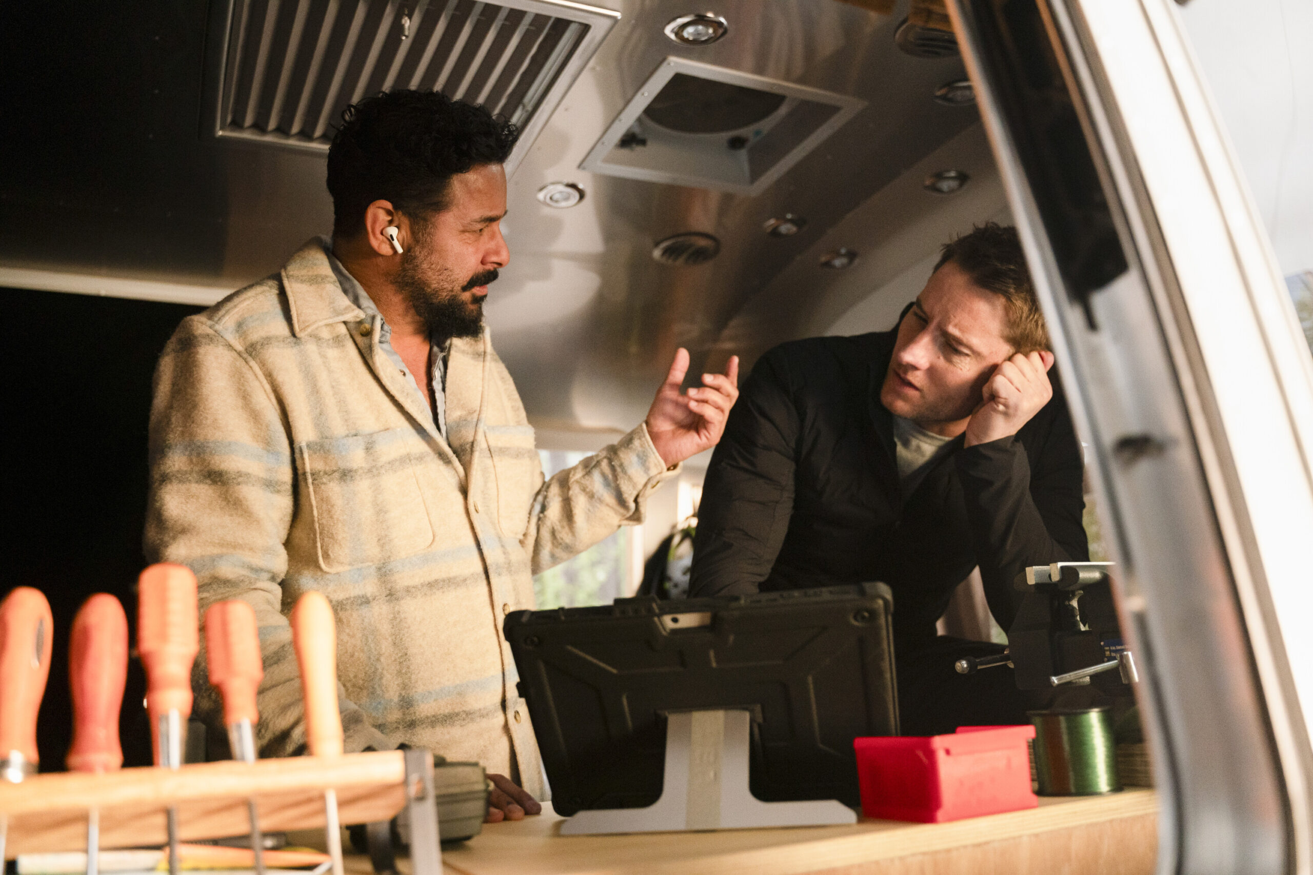 Behind the scenes: Jon Huertas directs Tracker Season 1 Episode 9, "Aurora," making for a This is Us reunion with Justin Hartley.