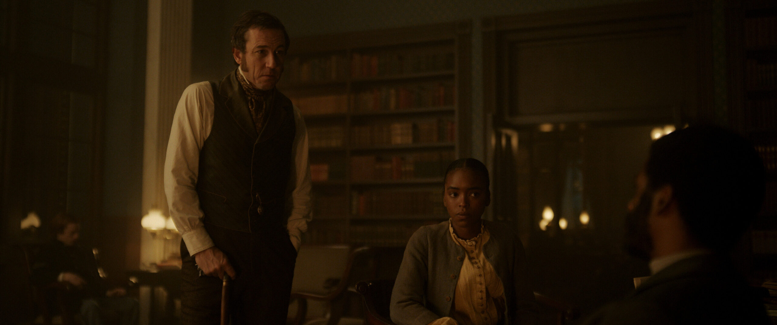 Still from Manhunt Season 1 Episode 7 of Tobias Menzies and Lovie Simone pictured from left to right.
