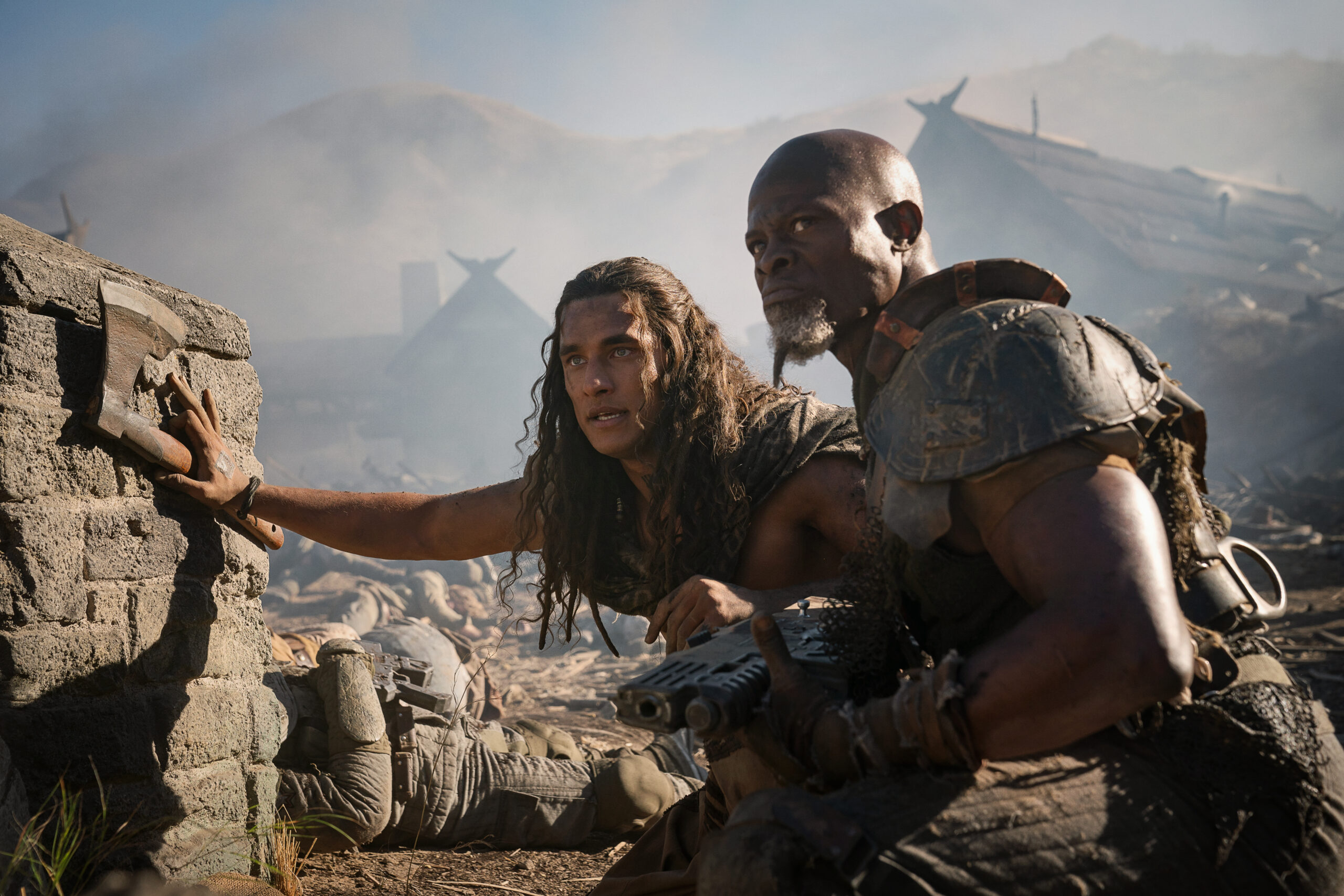 Still from Rebel Moon Part Two of Staz Nair as Tarak and Djimon Hounsou as General Titus pictured from left to right.