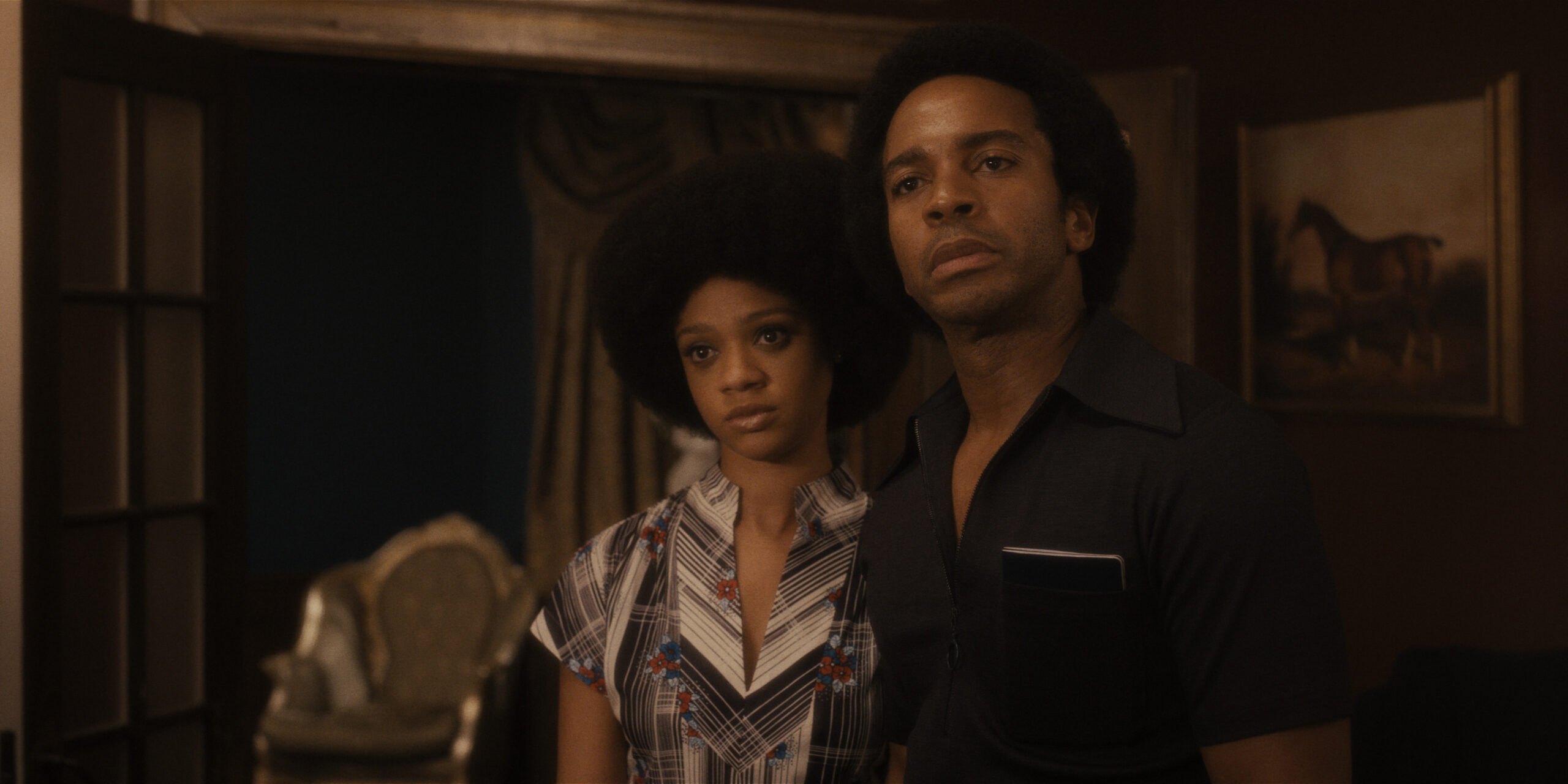 The Big Cigar Season 1 Episode 1 - Tiffany Boone and André Holland | Tell-Tale TV Still from The Big Cigar Season 1 Episode 1 of Tiffany Boone and André Holland pictured from left to right.