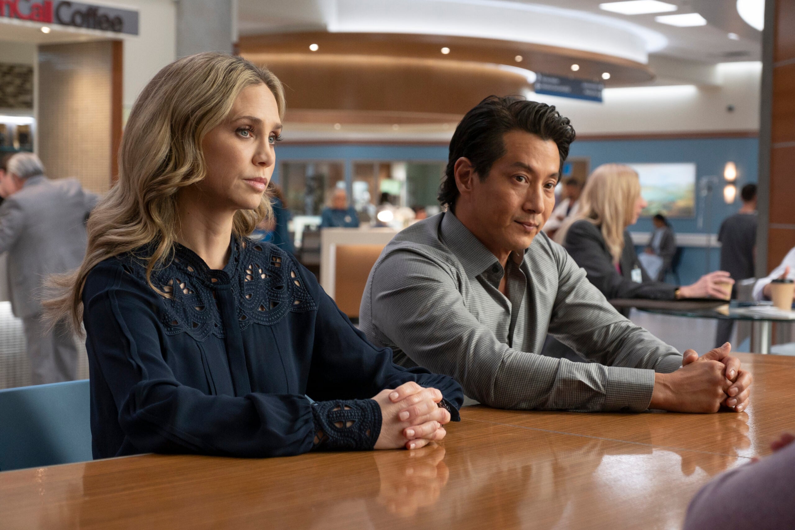 L-R Fiona Gubelmann as Dr. Morgan Reznick and Will Yun Lee as Dr. Alex Park in The Good Doctor Season 7 Episode 7, "Faith."