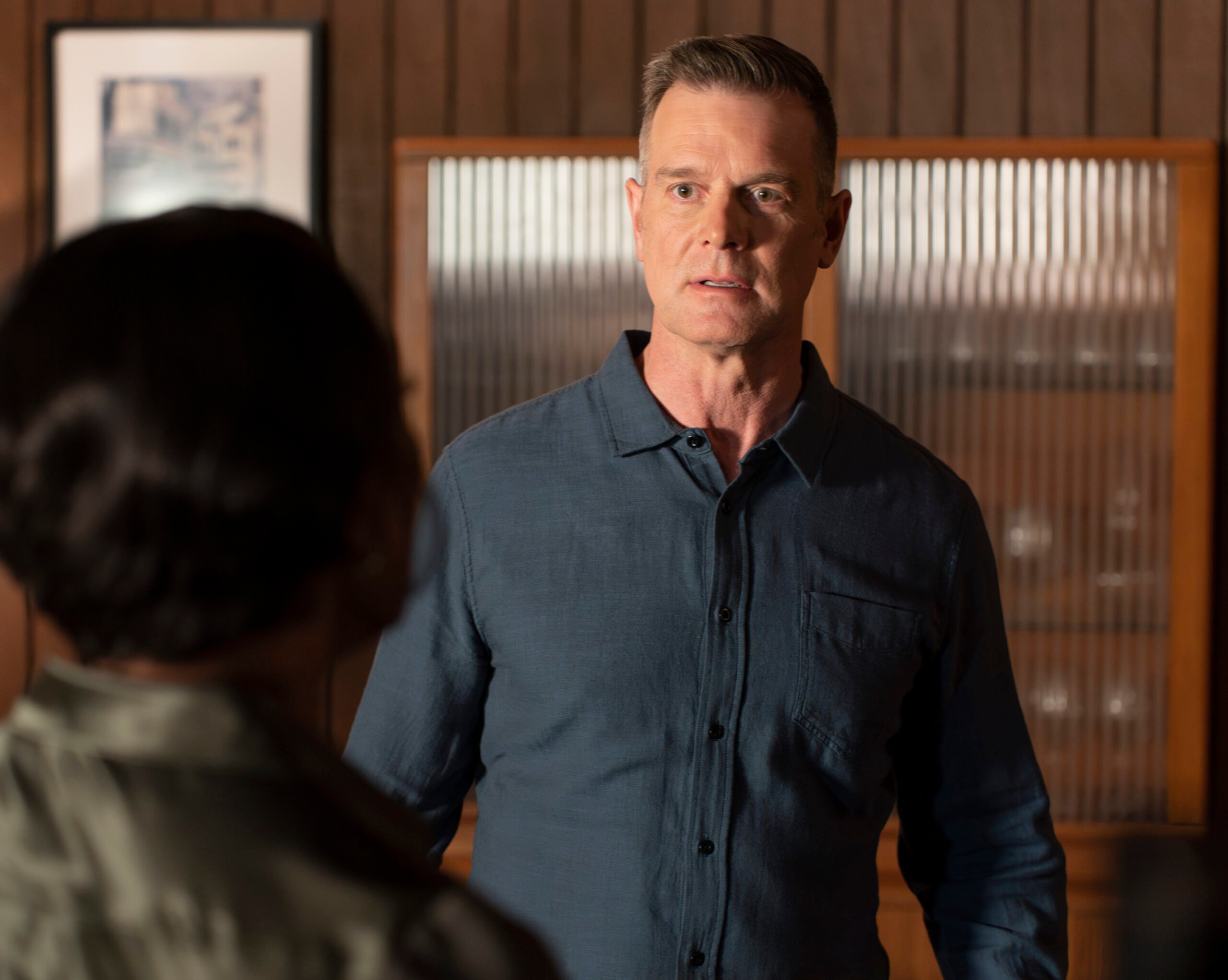 PETER KRAUSE | Tell-Tale TV 9-1-1 Season 7 Episode 9 - PETER KRAUSE looks at Athena with a concerned look on his face.
