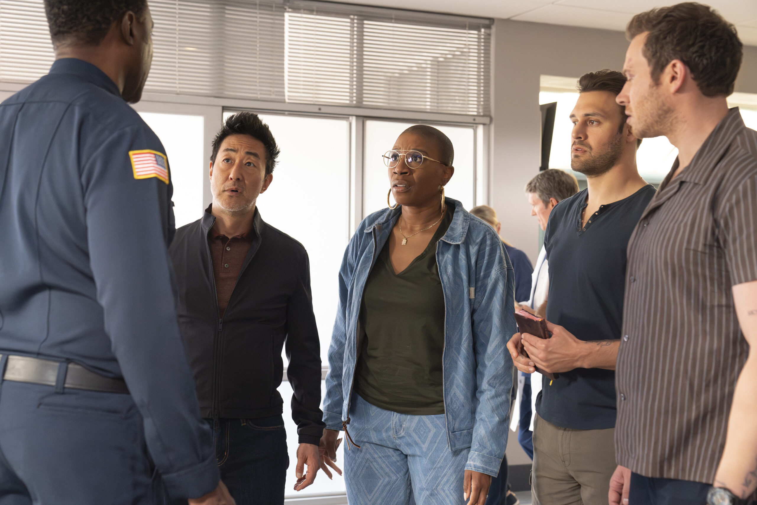 9-1-1 Season 7 Episode 10, "All Fall Down" -- KENNETH CHOI, AISHA HINDS, RYAN GUZMAN, OLIVER STARK | Tell-Tale TV 9-1-1 Season 7 Episode 10, "All Fall Down" -- KENNETH CHOI, AISHA HINDS, RYAN GUZMAN, OLIVER STARK