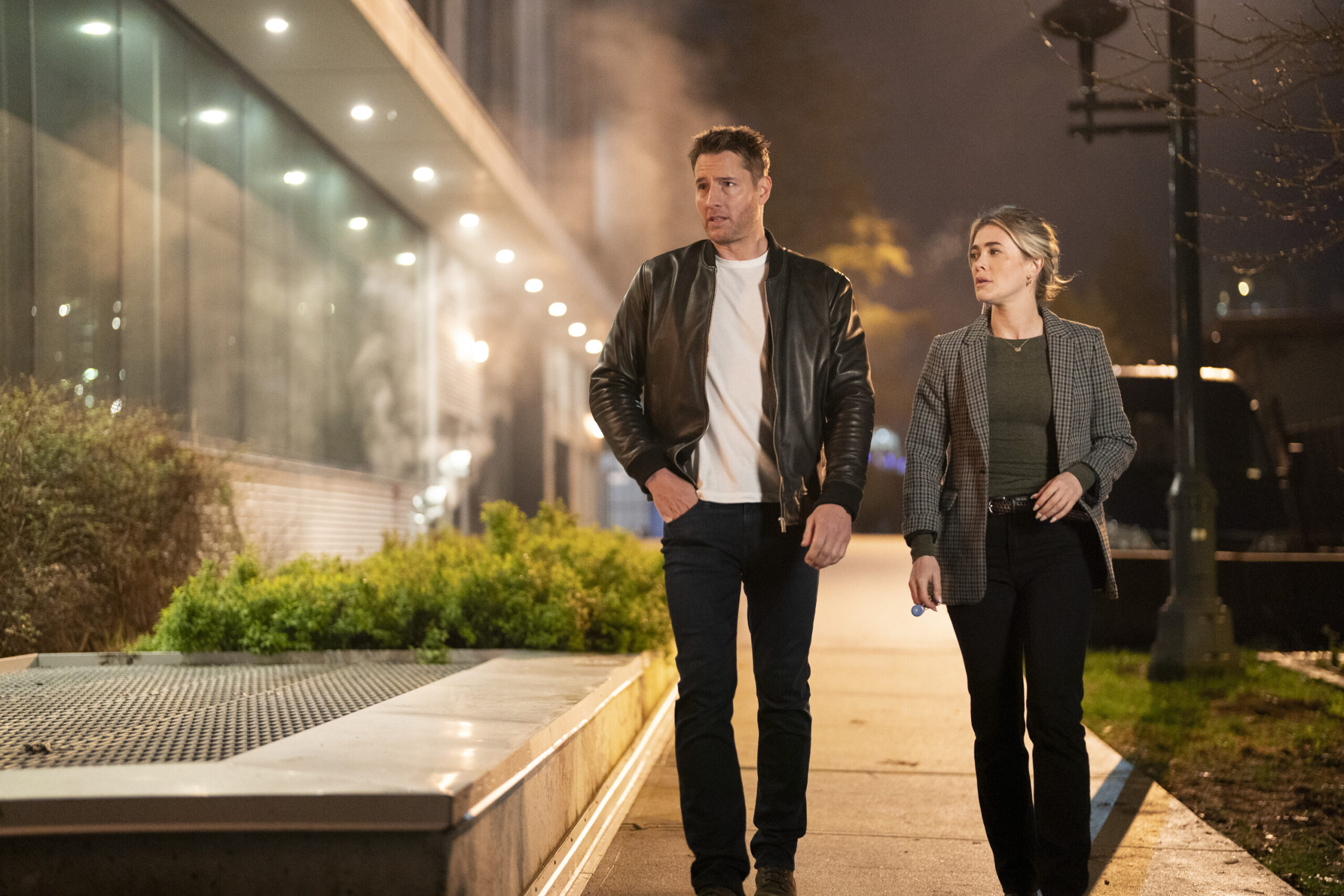 Justin Hartley as Colter and Melissa Roxburgh as Dory - Tracker Season 1 Episode 11 - Beyond the Campus Walls
