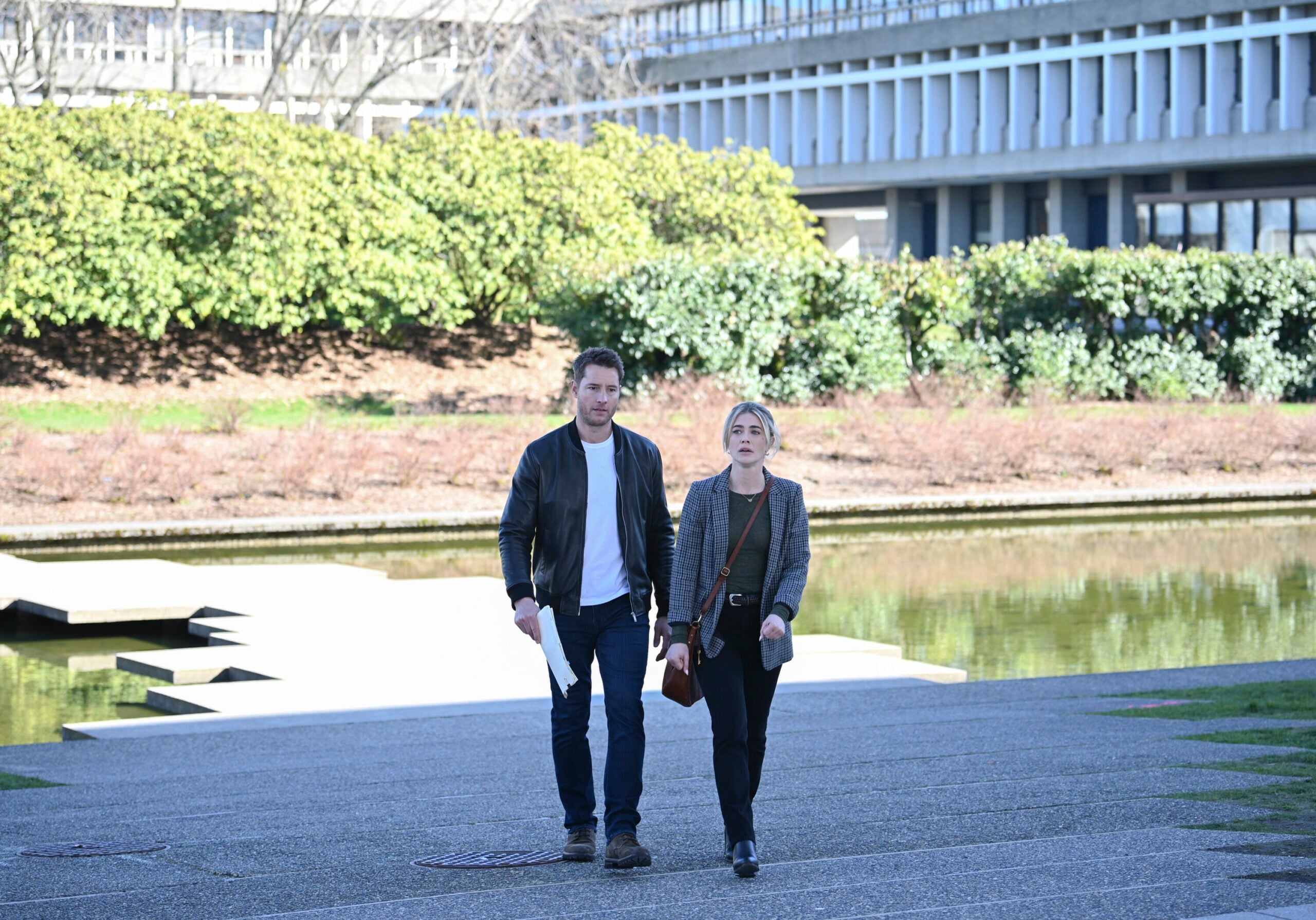 Justin Hartley as Colter and Melissa Roxburgh as Dory - Tracker Season 1 Episode 11 - Beyond the Campus Walls